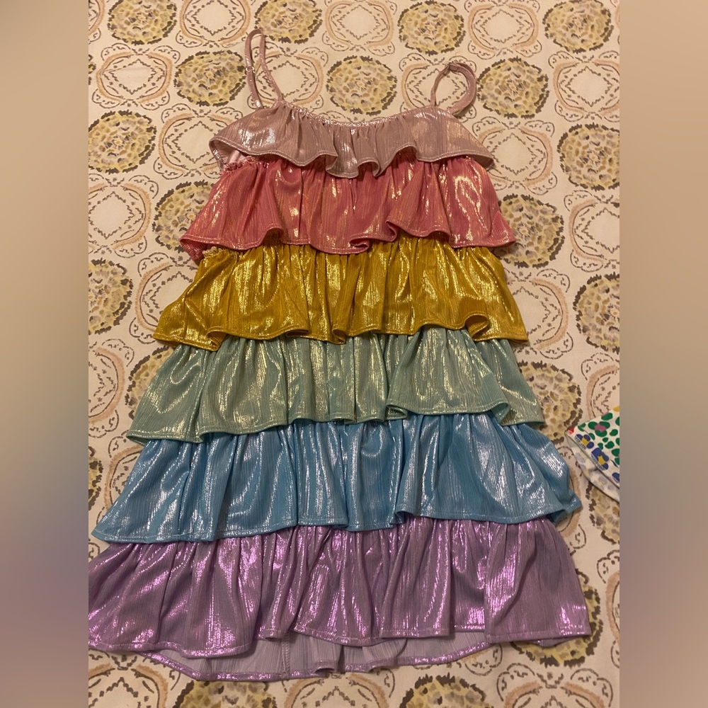 Lola + the Boys Metallic Rainbow Tiered Dress